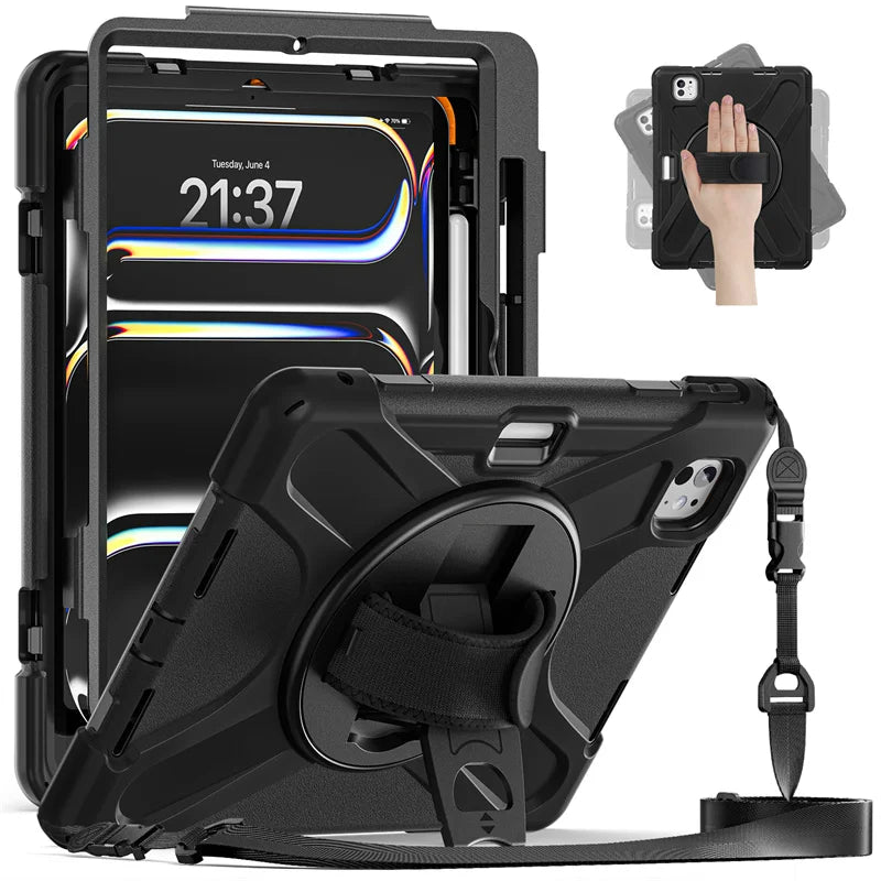 Rugged Kickstand Shockproof Case with Shoulder Strap for 2024 iPad Pro 11", 12.9", iPad Air 13", &amp; iPad Air 11" M2