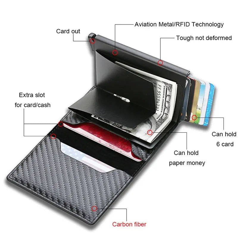 Custom Card Holder Rfid Black Carbon Fiber Leather Simple Wallet Men's Gift Personalized Pinnacle Luxuries